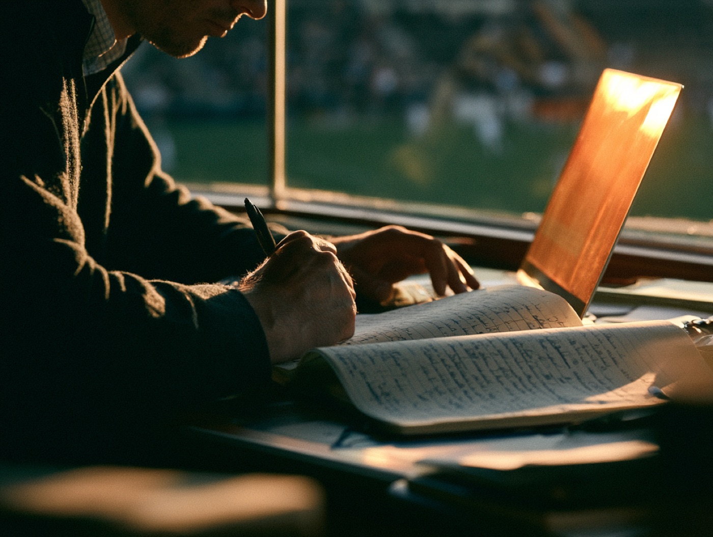A reporter writing longhand in a press box overlooking a floodlit field